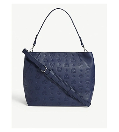 Shop Mcm Klara Monogram Leather Hobo Bag In Navy