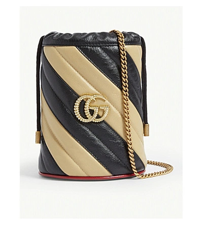 Shop Gucci Gg Marmont Mini Leather Bucket Bag In Black Diagonal Beige