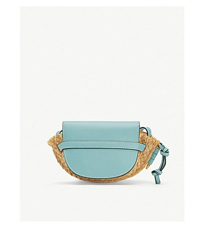 Shop Loewe Gate Mini Raffia And Leather Shoulder Bag In Light Blue/natural