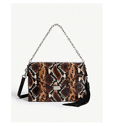 Shop Allsaints Miki Snakeskin-print Leather Crossbody Bag In Brown