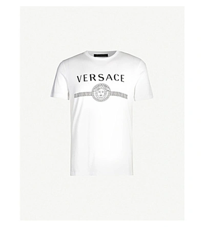 Shop Versace Logo-print Cotton-jersey T-shirt In Bianco