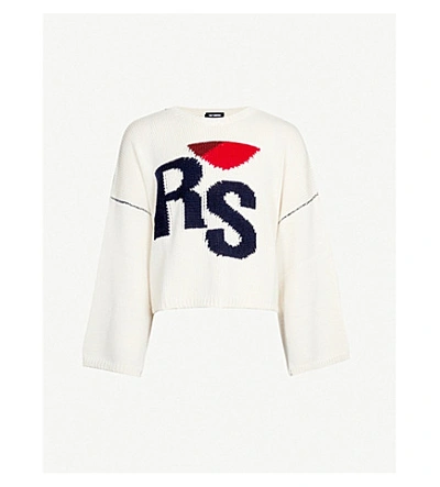 Shop Raf Simons Logo-intarsia Cropped Wool Jumper In Off White