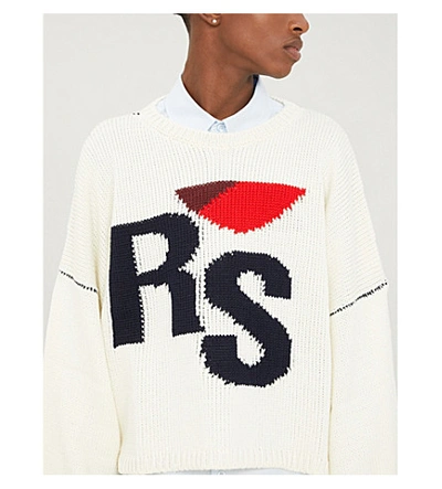 Shop Raf Simons Logo-intarsia Cropped Wool Jumper In Off White
