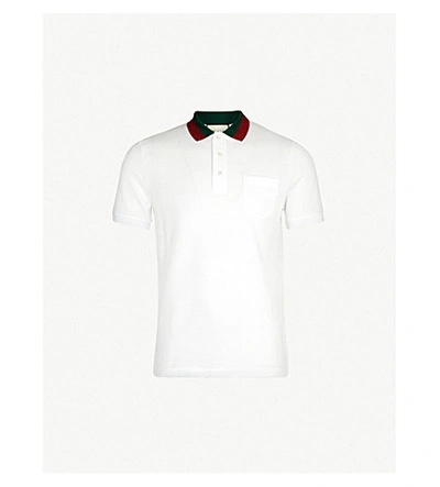 Shop Gucci Striped Collar Stretch Cotton-piqué Polo Shirt In White
