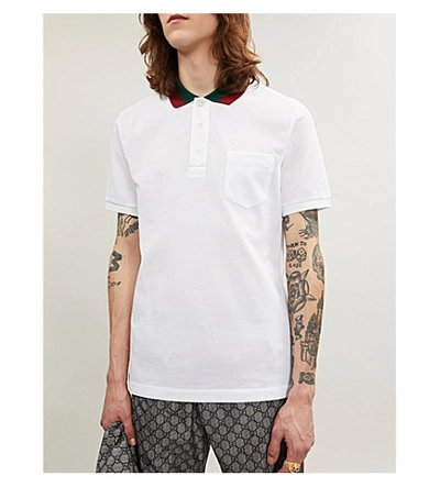 Shop Gucci Striped Collar Stretch Cotton-piqué Polo Shirt In White