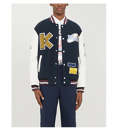 Shop Kenzo Appliquéd Wool And Leather Varsity Jacket In Navy Blue