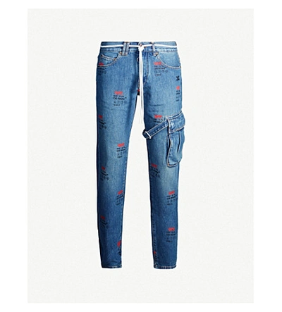 Shop Off-white Logo-print Patch-pocket Tapered Jeans In Medium Blue