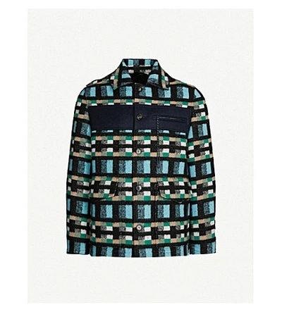 Shop Kenzo Checked Cotton And Wool-blend Jacket In Cyan
