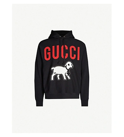 Shop Gucci Lamb-print Cotton-jersey Hoody In Black