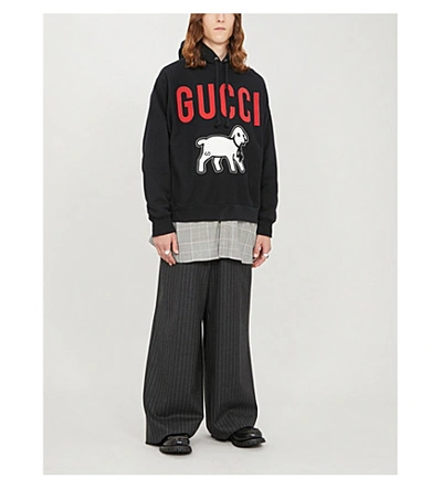 Shop Gucci Lamb-print Cotton-jersey Hoody In Black