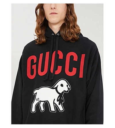 Shop Gucci Lamb-print Cotton-jersey Hoody In Black