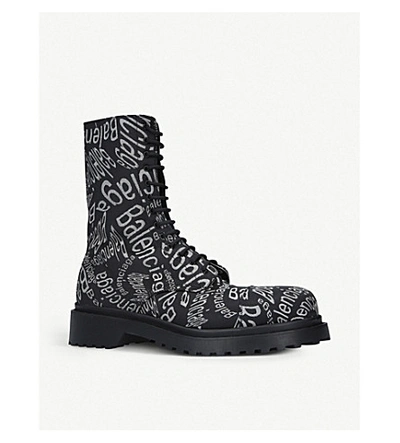 Shop Balenciaga Logo Wave Jacquard Canvas Ankle Boots In Blk/white