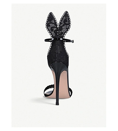 Shop Gianvito Rossi Bunny Patent Leather And Floral Lace Sandals In Black