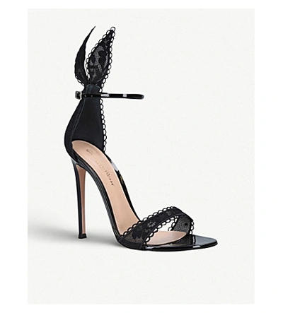 Shop Gianvito Rossi Bunny Patent Leather And Floral Lace Sandals In Black