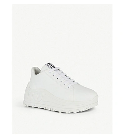 Shop Miu Miu Logo-embossed Leather Trainers In Bianco