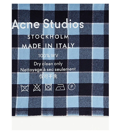 Shop Acne Studios Cassiar Checked Logo Wool Scarf In Navy/dusty Blue