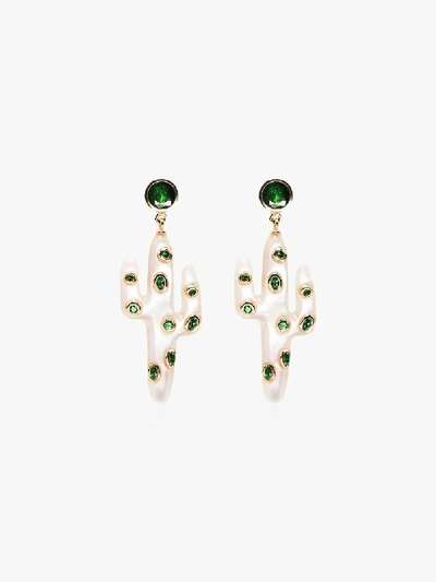 Shop Yvonne Léon 18k Yellow Gold Cactus Pearl And Tsavorite Earrings In Gold/white