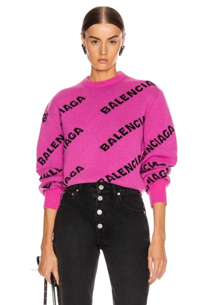 Shop Balenciaga Long Sleeve Logo Crew Neck Sweater In Pink & Black
