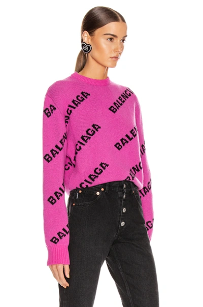 Shop Balenciaga Long Sleeve Logo Crew Neck Sweater In Pink & Black