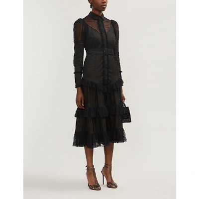 Shop Alexis Evarra Tiered Ruffle-trim Cotton Midi Dress In Black