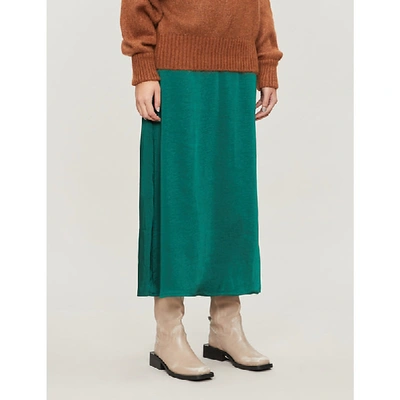 Shop Gestuz Kamryn High-waist Satin-crepe Midi Skirt In Rain Forest
