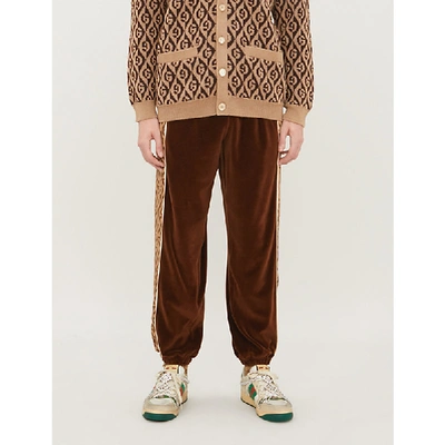 Shop Gucci Rhombus Gg Woven And Velour Jogging Bottoms In Beige Brown