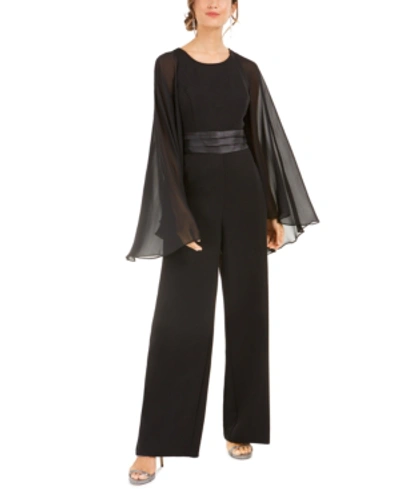 Shop Adrianna Papell Satin-cape Jumpsuit In Black