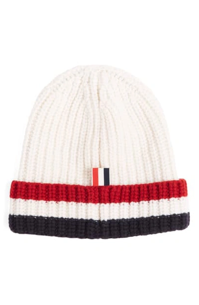 Shop Thom Browne Stripe Merino Wool Beanie - White