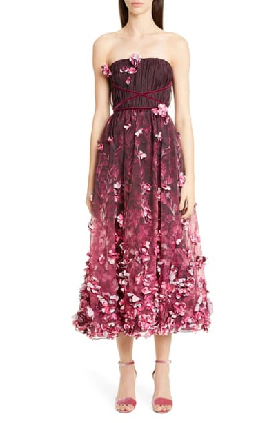 Shop Marchesa Notte Strapless 3d Floral Organza Dress In Plum