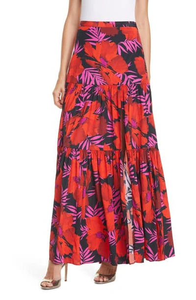 Shop Veronica Beard Serence Tiered Stretch Silk Maxi Skirt In Poppy Multi