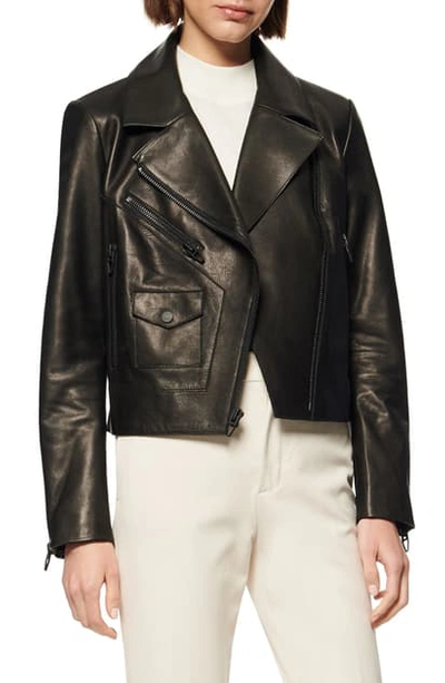 Shop Andrew Marc Pebbled Leather Moto Jacket In Black