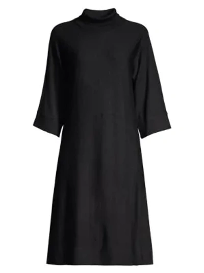 Shop Eileen Fisher Wool Mockneck Three-quarter Sleeve Dress In Black