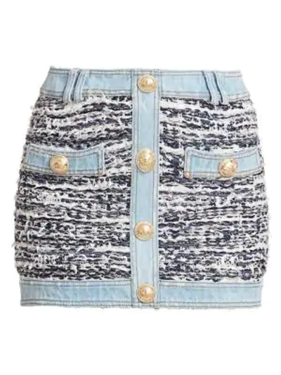 Shop Balmain Women's Tweed & Denim Mini Skirt In Blanc Bleu