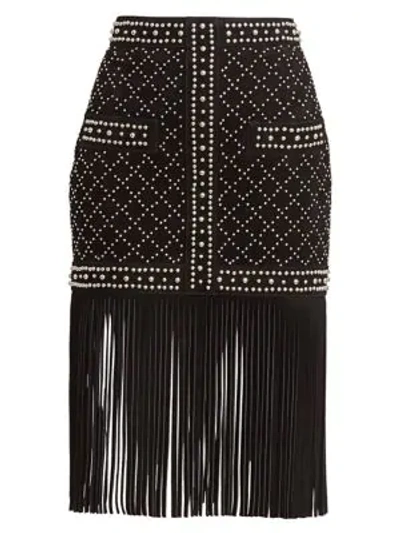 Shop Balmain Women's Studded Fringe Suede Skirt In Black Silver