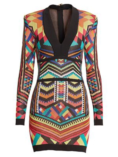 Shop Balmain Women's Geometric Jacquard Bodycon Dress In Neutral