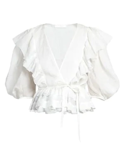 Shop Chloé V-neck Puff-sleeve Ruffle Top In Iconic Milk