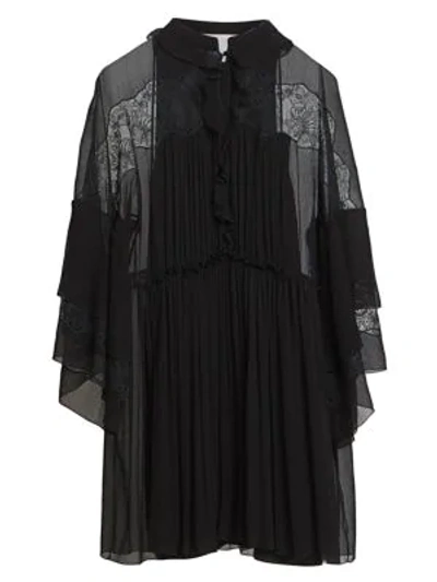 Shop Chloé Lace Detail Pleated Silk Dress In Black