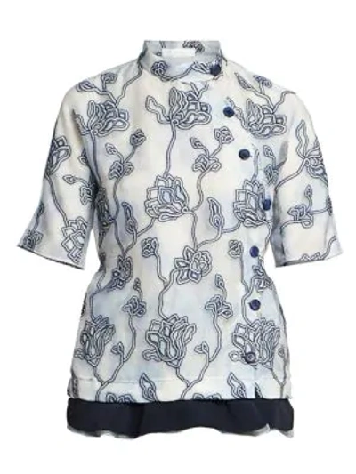 Shop Chloé Floral Embroidered Organza Blouse In Grey Blue