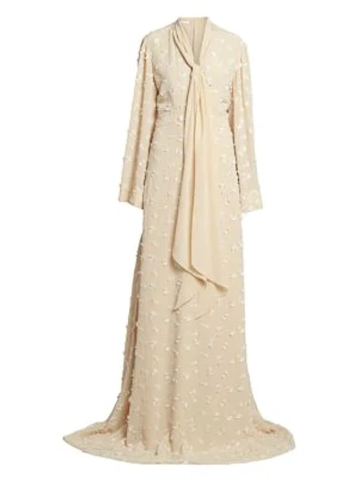 Shop Chloé Floral Appliqué Flutter-sleeve Silk Gown In Light Sand