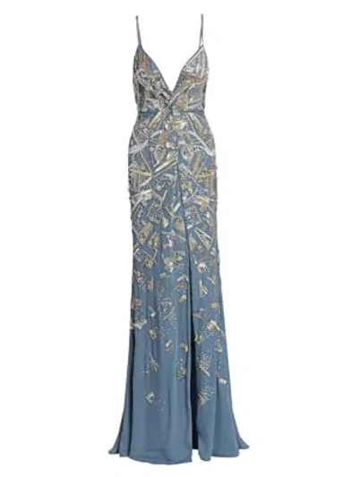 Shop Burnett New York Ocean Embroidered Sequin Silk Gown In Ocean Blue