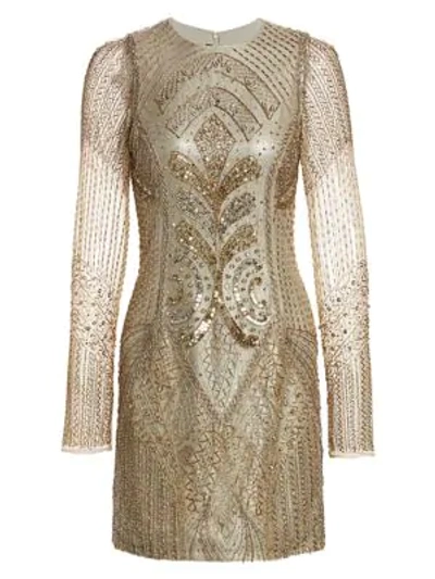 Shop Burnett New York Embroidered Sheer-sleeve Silk Cocktail Dress In Champagne