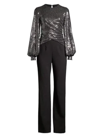 Shop Black Halo Uno 2-piece Sequin Puff-sleeve Top & Crepe Pants Jumpsuit In Disco Black