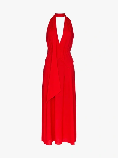 Shop Roland Mouret Katana Tie Neck Crepe Maxi Dress In Red