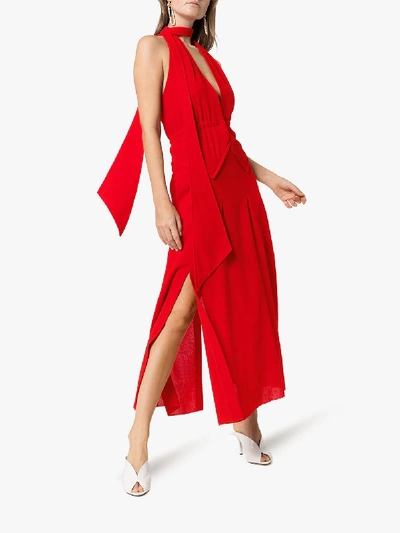 Shop Roland Mouret Katana Tie Neck Crepe Maxi Dress In Red