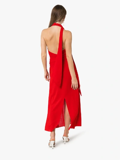 Shop Roland Mouret Katana Tie Neck Crepe Maxi Dress In Red