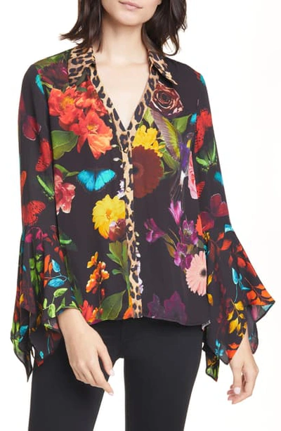 Shop Alice And Olivia Randa Mix Pattern Trumpet Sleeve Blouse In Md Garden Floral/ Combo