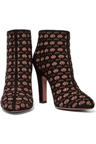 Shop Alaïa Woman Studded Laser-cut Suede Ankle Boots Black