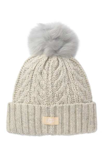 Shop Ugg Genuine Shearling Pompom Cable Knit Beanie In Light Grey Heather