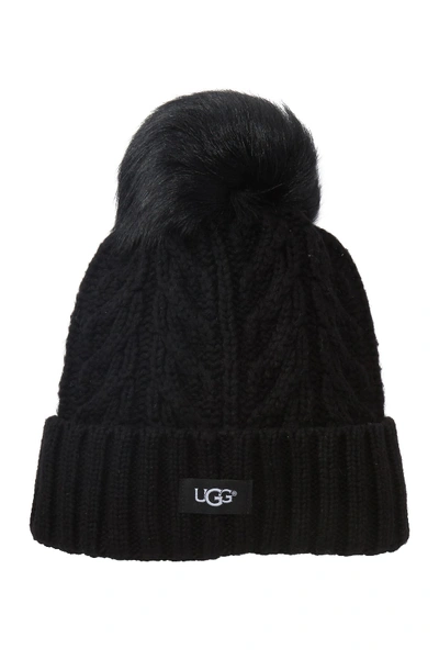 Shop Ugg Genuine Shearling Pompom Cable Knit Beanie In Black