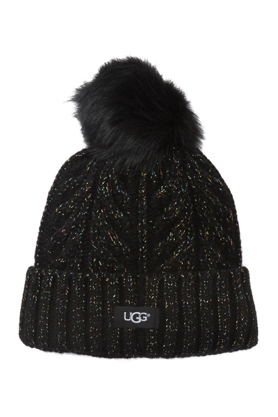 Shop Ugg Genuine Shearling Pompom Cable Knit Beanie In Black Metallic Plait